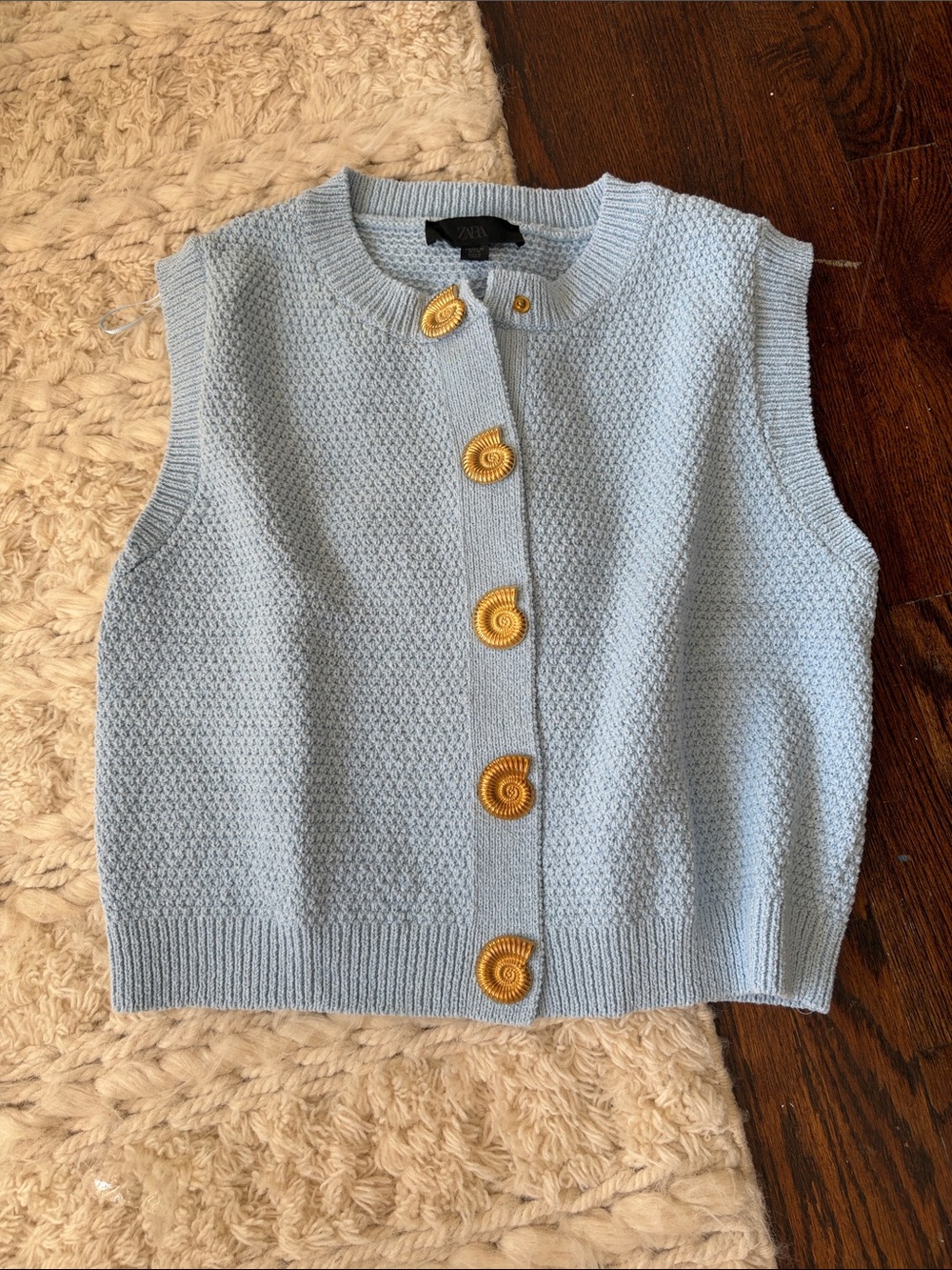 Zara Pale Blue Knit Buttoned Sleeveless Cardigan with Gold Buttons